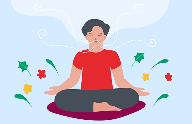 Deep breathing and meditation – stress relief mindfulness breathing exercise illustration picture.