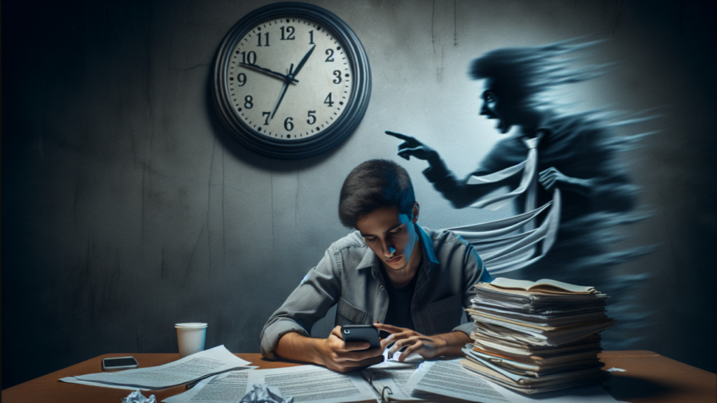 Negative effects of procrastination on productivity, stress and missed opportunities illustration.