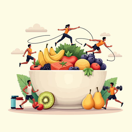 Healthy diet – balanced nutrition with fruits vegetables vitamins and healthy lifestyle illustration picture.