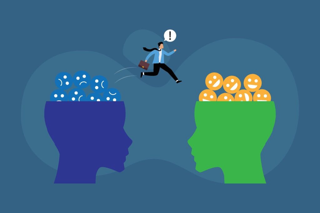 Positive thinking mindset – transforming negative thoughts into positive thinking illustration picture.