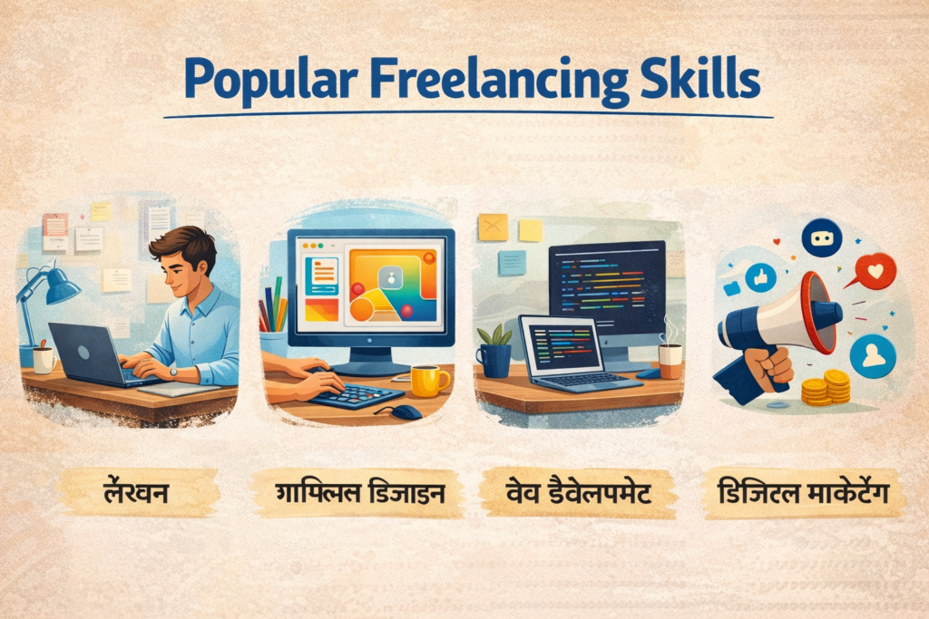 Popular Freelancing Skills infographic जिसमें लेखन, ग्राफिक्स डिजाइन, वेब डेवलपमेंट और डिजिटल मार्केटिंग को दिखाया गया है, जो ऑनलाइन फ्रीलांसिंग के लिए जरूरी स्किल्स हैं।