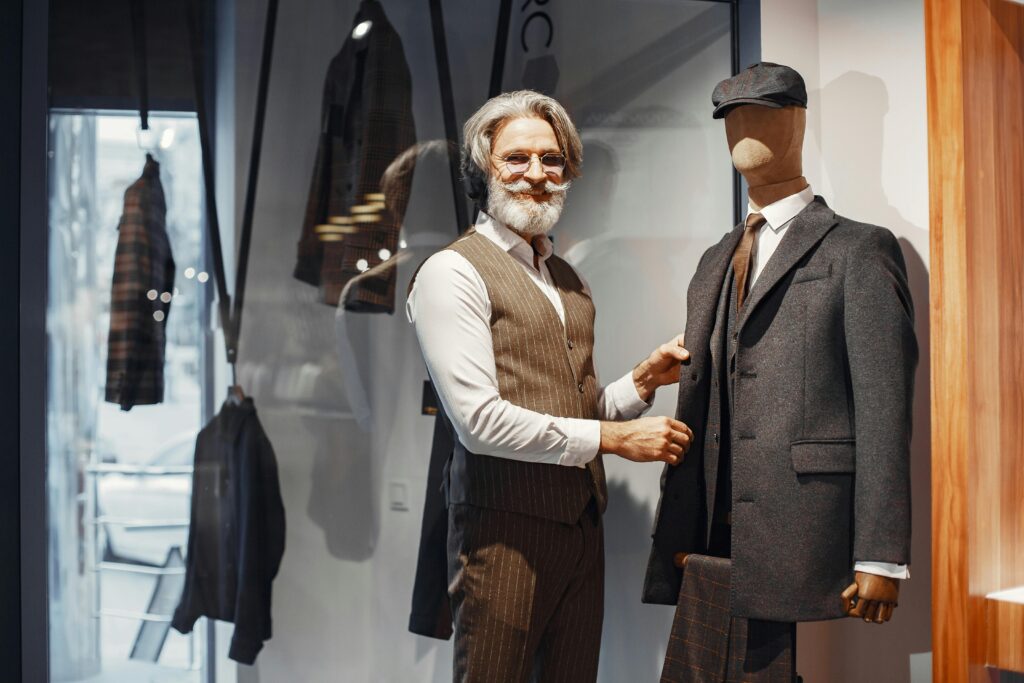 Elegant senior man in tailored vest styling a mannequin in designer menswear inside a fashion boutique.
Dressing Sense